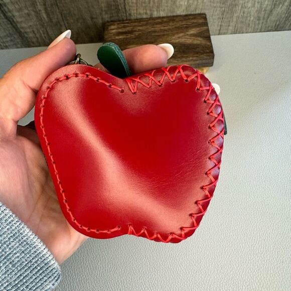 Genuine Leather Pouch Red Apple Coin Purse Leather Wallet Bag Charm Key Chain - Picture 4 of 7